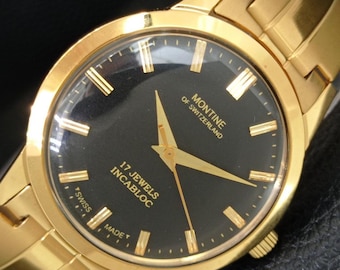Vintage Montine Handaufzug 17 Jewels Schweizer Herren Refurbliert Vergoldetes Schwarzes Zifferblatt Armbanduhr A444175-1
