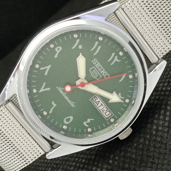 Vintage Refurbished Seiko 5 Automatic 6309a Japan Mens Day date Arabic Green Dial Watch 610e a318838 1 Etsy