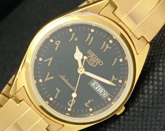 Vintage refurbished Seiko 5 automatic 6349a Japan mens day/date arabic black dial gold plated watch 594b-a312195-1