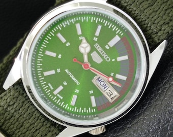 Vintage Seiko 5 Automatic Refurbished Japan 6309a Mens Day/Date Green Color Dial Transparent Back Wrist Watch a441112-1