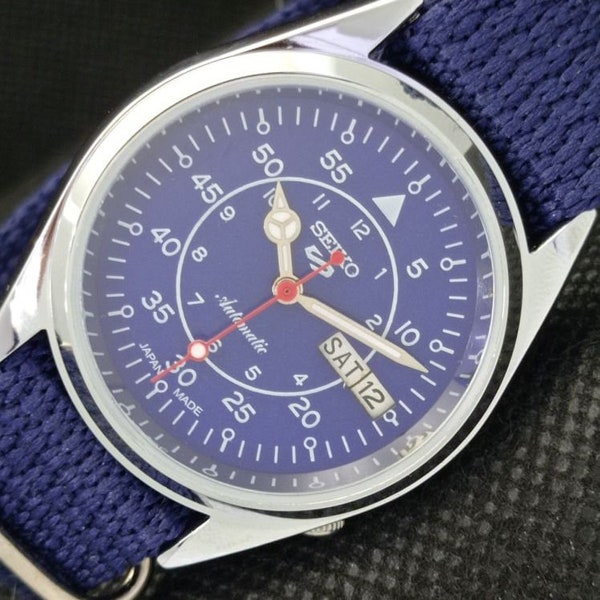 Vintage refurbished Seiko 5 automatic 6309a Japan mens day/date blue dial watch 610e-a318669-1
