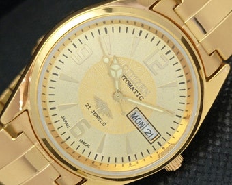 Vintage refurbished Citizen automatic 8200 japan mens day/date gold plated golden dial watch 588b-a310493-4