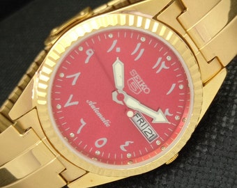 Orologio Seiko 5 automatico 6309a vintage rinnovato da uomo giapponese con giorno/data, quadrante rosso arabo, placcato in oro 587b-a308570-4