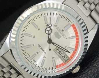 Vintage Seiko 5 Automatic 6309a Refurbished Japan Mens Day/Date Silver Color Dial Transparent Back Wrist Watch a440721-1