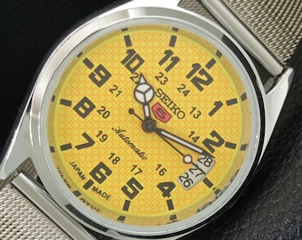 Reloj de pulsera Seiko 5 automático vintage reacondicionado, Japón 6309a, para hombre, con fecha, esfera amarilla y fondo transparente, a443696-1