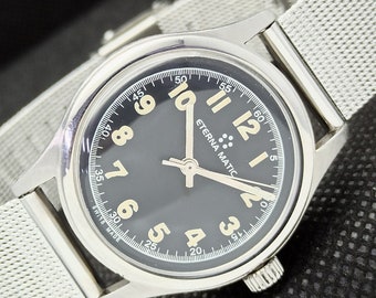 Vintage parachoques Eterna matic martillo rotor automático suizo hombres esfera negra reloj a267335-2