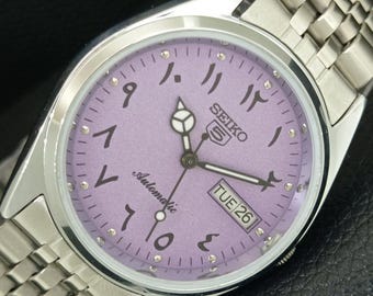 Vintage Seiko 5 Automatic Japan 6309a Refurbished Mens Arabic Figure Purple Color Dial Transparent Back Jubilee Strap Wrist Watch a443378-1