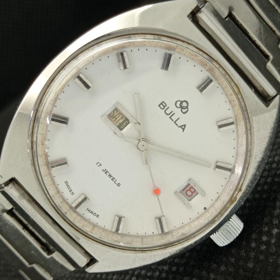 Rare Vintage Bulla Automatic 17 Jewels Swiss Day @ 9 Mens White