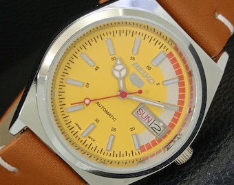 Reloj de pulsera automático vintage Seiko 5 6309a, reacondicionado, japonés, para hombre, con día/fecha, esfera amarilla, fondo transparente, a440771-1