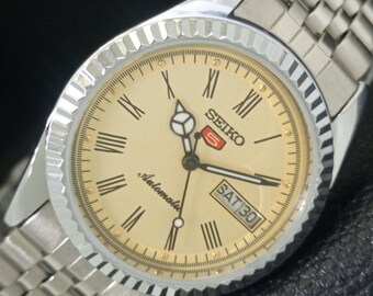 Vintage Seiko 5 Automatic 6309a Refurbished Japan Mens Roman Figure Golden Color Dial Transparent Back Jubilee Strap Wrist Watch a442055-1