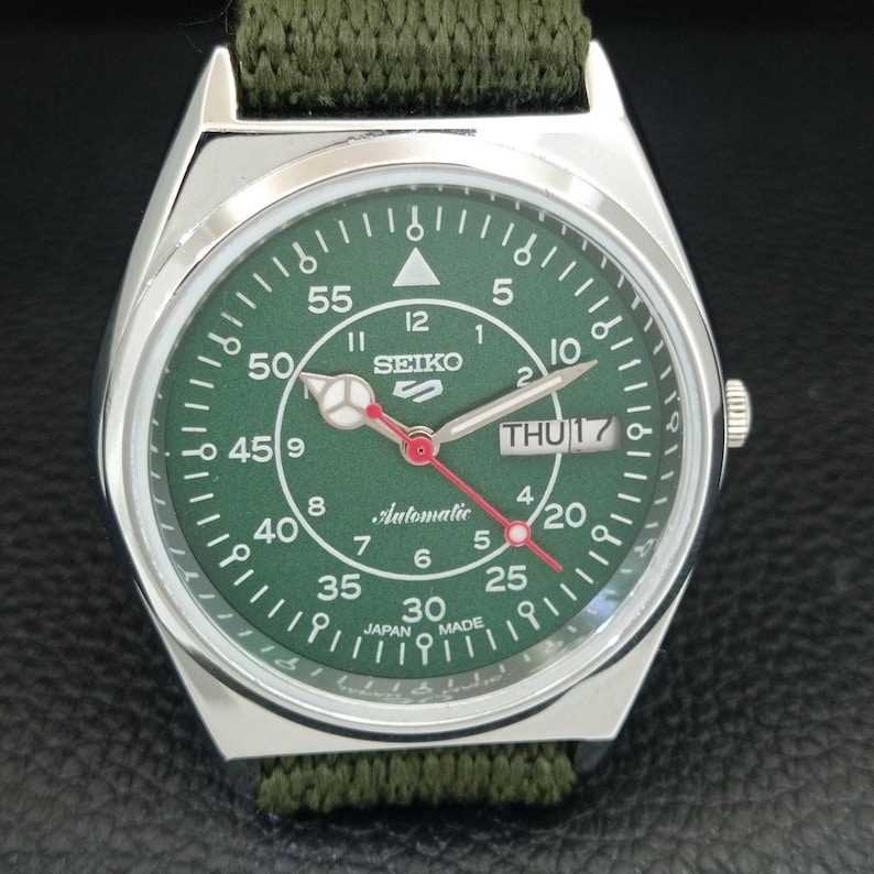 Vintage Seiko 5 Automatic 6309a Renoverad Japan Herrarmbandsur med dag/datum, grön urtavla och transparent baksida a442196-1 bild 5