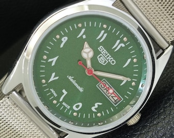 Vintage gerenoveerde Seiko 5 automatisch 6309a Japan heren dag/datum Arabisch groene kleur wijzerplaat transparante achterkant polshorloge a441156-1