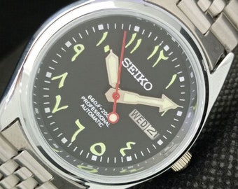 Vintage refurbished Seiko 5 automatic 6309a Japan mens day./date arabic black dial watch 587b-a308519-4