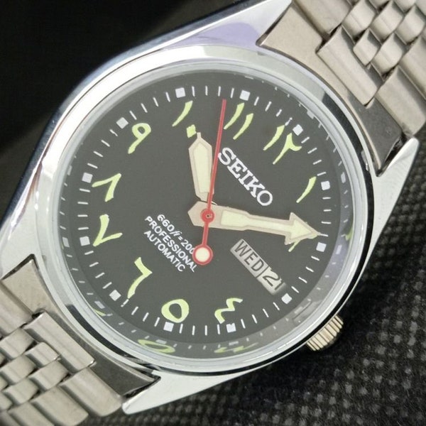 Vintage refurbished Seiko 5 automatic 6309a Japan mens day./date arabic black dial watch 587b-a308519-4