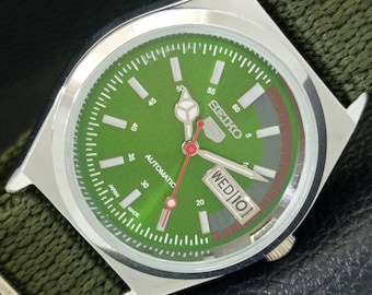 Automatic Refurbished Vintage Seiko 5 Japan 6309a Mens Day/Date Green Color Dial Transparent Back Wrist Watch a440792-1