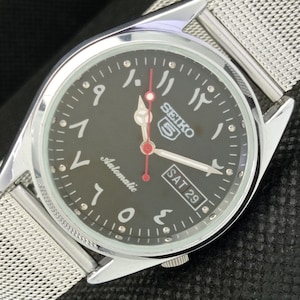 Vintage refurbished Seiko 5 automatic 6309a Japan mens day/date arabic black dial watch 545a-a286370-4
