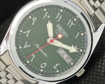 Vintage refurbished Seiko 5 automatic 6309a Japan mens day/date arabic green dial watch 610e-a318816-4