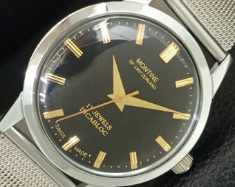 Reloj de pulsera vintage Montine de Suiza, 17 joyas, Incabloc, cuerda manual, para hombre, esfera negra, a444164-1