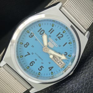 Vintage Refurbished Seiko 5 Automatic 6309a Japan Mens Day/Date Turquoise Blue Color Dial Transparent Back Wrist Watch a441715-1