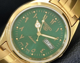 Vintage Seiko 5 Automatic 6309a Arabic Figure Green Color Dial Gold Plated Transparent Back Watch a444071-1