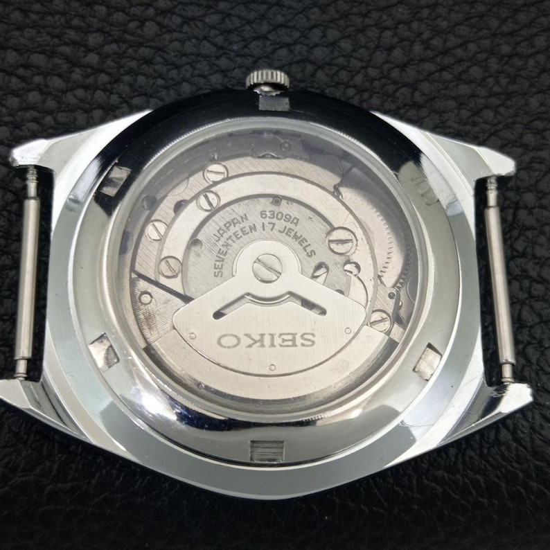 Vintage Seiko 5 Automatic 6309a Renoverad Japan Herrarmbandsur med dag/datum, grön urtavla och transparent baksida a442196-1 bild 9