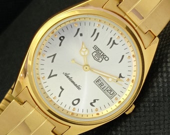 Vintage refurbished Seiko 5 automatic 6309a Japan mens day/date arabic silver dial gold plated watch 594b-a312165-1