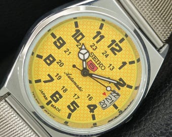 Reloj de pulsera Seiko 5 automático vintage reacondicionado, Japón 6309a, para hombre, con fecha, esfera amarilla y fondo transparente, a443853-1