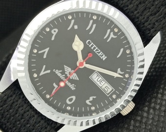 Vintage gerenoveerd Citizen automatisch 8200 Japan heren dag/datum Arabisch zwarte wijzerplaat polshorloge 610a-a317792-1