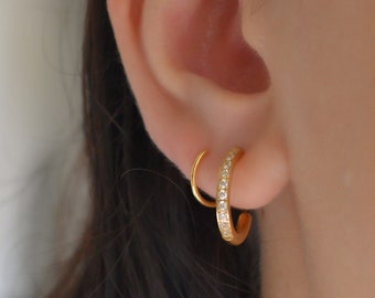 Double Piercing Earrings ・Gold Multiple Diamond Zircon Stone Dainty Everyday Waterproof Gold Handmade Jewelry Christmas Gift Women Men Gold