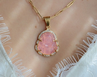 Gold Filled Buddha Necklace ・ Jade Buddha Laughing Necklace Waterproof Non Tarnish Chunky Large Pink Buddhism Religious Jewelry Women Men