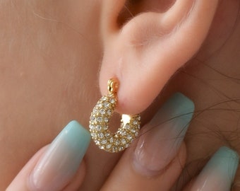 White Emerald Gold Filled Zircon Earrings Crystal Hoops WATERPROOF Women Jewelry Set Non Tarnish Everyday Dainty Crystal Stone Gems Earrings