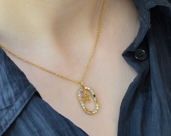 Zodiac Constellation Pendant Necklace ・ Gemini Cancer Gold Twist Chain Gem Stone Circle Solid Jewelry Astrology Sign Birthday Gift For Her