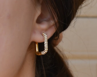 Gold Filled Pave Hoop Earrings, Gold Huggie Hoops • Rectangle Hoop Earrings • Bridesmaid Earrings, Gift For Her WATERPROOF