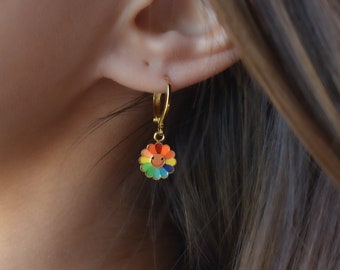 Daisy Earrings, Colorful Rainbow Earrings, Pride Earrings, Smiley Face Daisy Necklace Set, Handmade Christmas WATERPROOF Kids Pendant Charm
