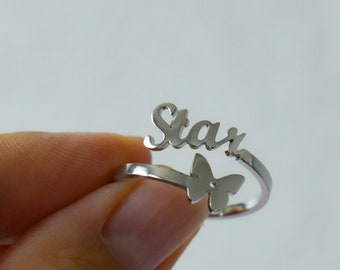 Custom Silver Name Rings · Personalized Name Rings with Butterfly Wings- Adjustable Open Rings · Gold Silver Rings · Butterfly Name Gifts