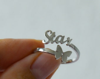 Custom Silver Name Rings · Personalized Name Rings with Butterfly Wings Adjustable Open Rings · Gold Silver Rings · Pet Cat Dog Name Gift