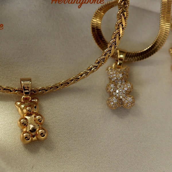 18K Gold BEAR Gold Charm Pendant Teddy Bear Crystal Bear Animal Necklace Choker Necklace Hoop Earring Waterproof Jewelry Gif for Her