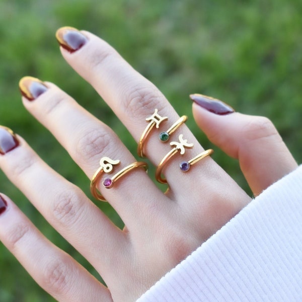 Gold Sternzeichen Ringe • Geburtsstein Ring • Minimalistischer Stapelring • Verstellbare Ringe • Edelsteinring • Löwe Pisces Zwilling Widder