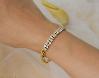18K Gold Half Cz Cubic Zirconia Stone Tennis Half Figaro Chain Couples Bracelet WATERPROOF Jewelry Anti Tarnish Bracelet Women Her Gold Gift