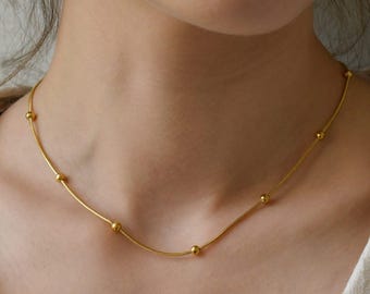 Gold Filled Beaded Snake Gold Herringbone Snake Chain Beaded Necklaces Gold Necklace Waterproof Gold Jewelry Non Tarnish Daily Wear Jewelry