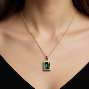 18K Gold Emerald Square Necklace | Dark Green Pendant Zircon Gem Waterproof Jewelry Gold Necklace Her Jewelry Vintage Mom Mothers Day Gift