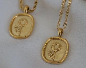 Gold Sun Flower Necklace Round Oval Coin Her Necklace WATERPROOF Jewelry Press Chain Necklace Vintage Style Personalized Engraving Pendant