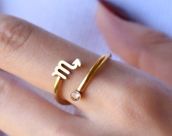 Gold Zodiac Scorpio Virgo Rings • Pisces Birthstone Ring Daily Stacking Ring • Adjustable Rings  • Gemstone  Zodiac Jewelry • Birthday Gifts