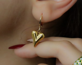 14K Gold-Filled Solid Heart Hoop Clip-On Earrings - Alt Bride Pride Waterproof Unique Heart Charm Drop Earrings Necklace Jewelry Set