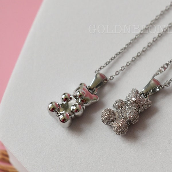 Silver Teddy Bear Necklace, Silver Bear Charm Pendant, Silver Chain Necklace, WATERPROOF Necklace
