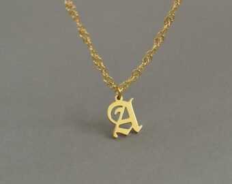 Celtic Calligraphy Initial Necklace ・ Gold A Letter Uppercase Charm Necklace Medieval Script Font Pendant Gold Filled Chain Women Jewelry