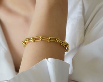 18K Gold Filled U Shape Women's Best Chain Bracelet Gold Solid Thick Bracelet SET Stainless Waterproof Jewelry Chunky Excellent Gift for Her