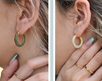 Gold Filled Emerald Zircon Earrings Crystal Hoop Earrings · Thick Small Tiny Hoop Earrings, WATERPROOF Jewelry Women Diamond Unique Earrings