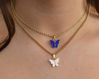 Gold Filled Butterfly Charm Necklaces Angel Wings Fly Animal Insect Dark Blue Sky White Necklace Her Handmade Waterproof Personalized Gifts