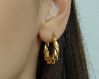 18K Gold Hoop Earrings Twisted Croissant Earrings Waterproof Gold Jewelry Everyday Gold Handmade Earrings Gift for Her Women Necklace Set